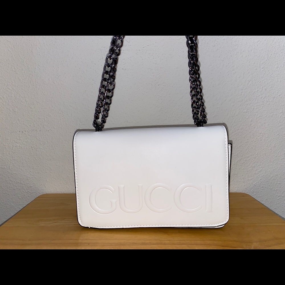 White Gucci Women's Clutch Purse with silver chain